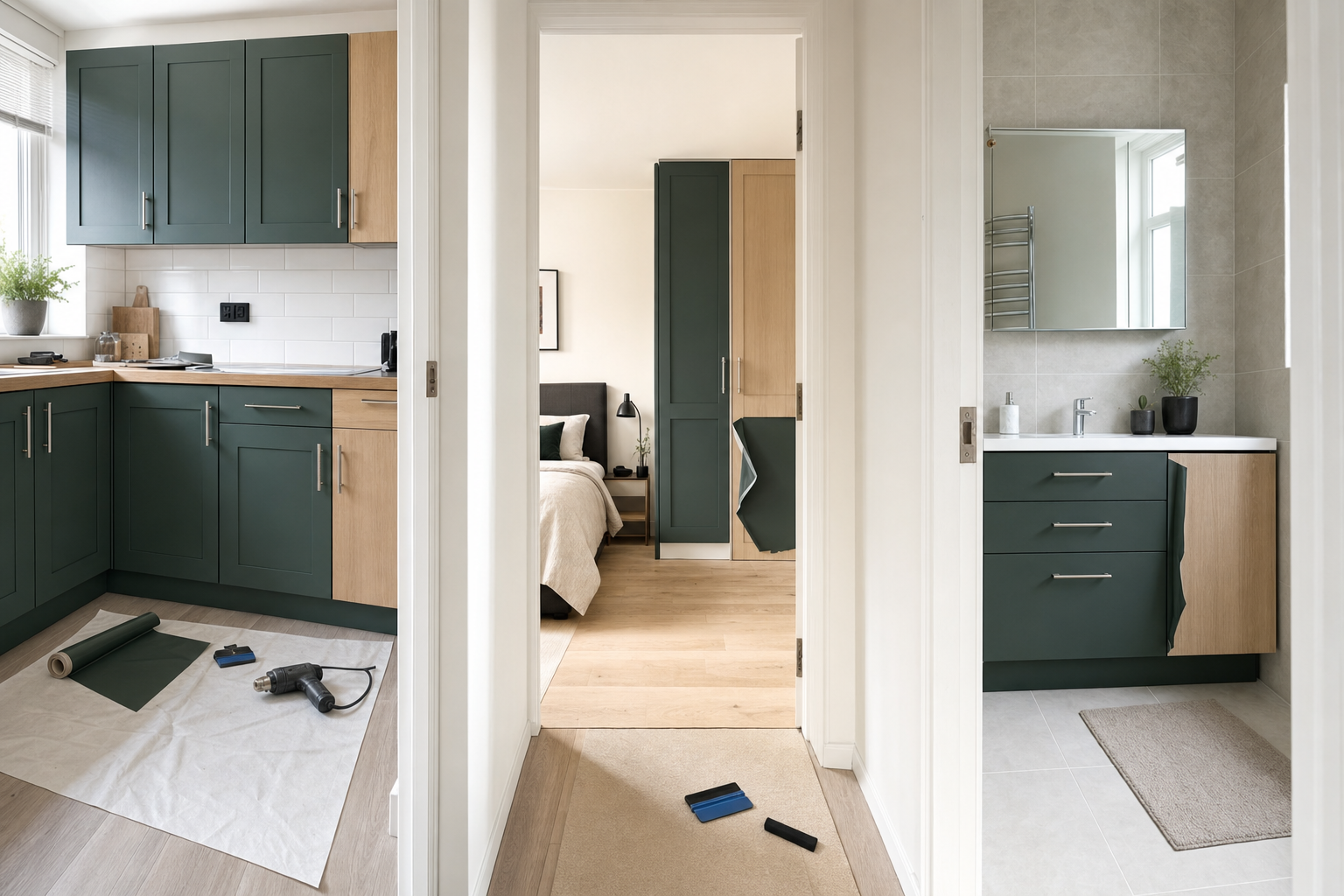 A modern kitchen, bedroom, and bathroom with dark green and wood accents, showing ongoing renovations.