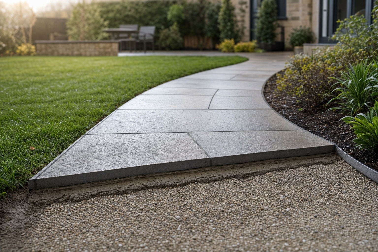 A curved stone pathway leads through a garden towards a patio with chairs and a table, surrounded by greenery.
