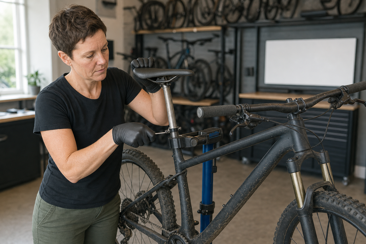 A mechanic adjusts the seat post of a mountain bike in a workshop.