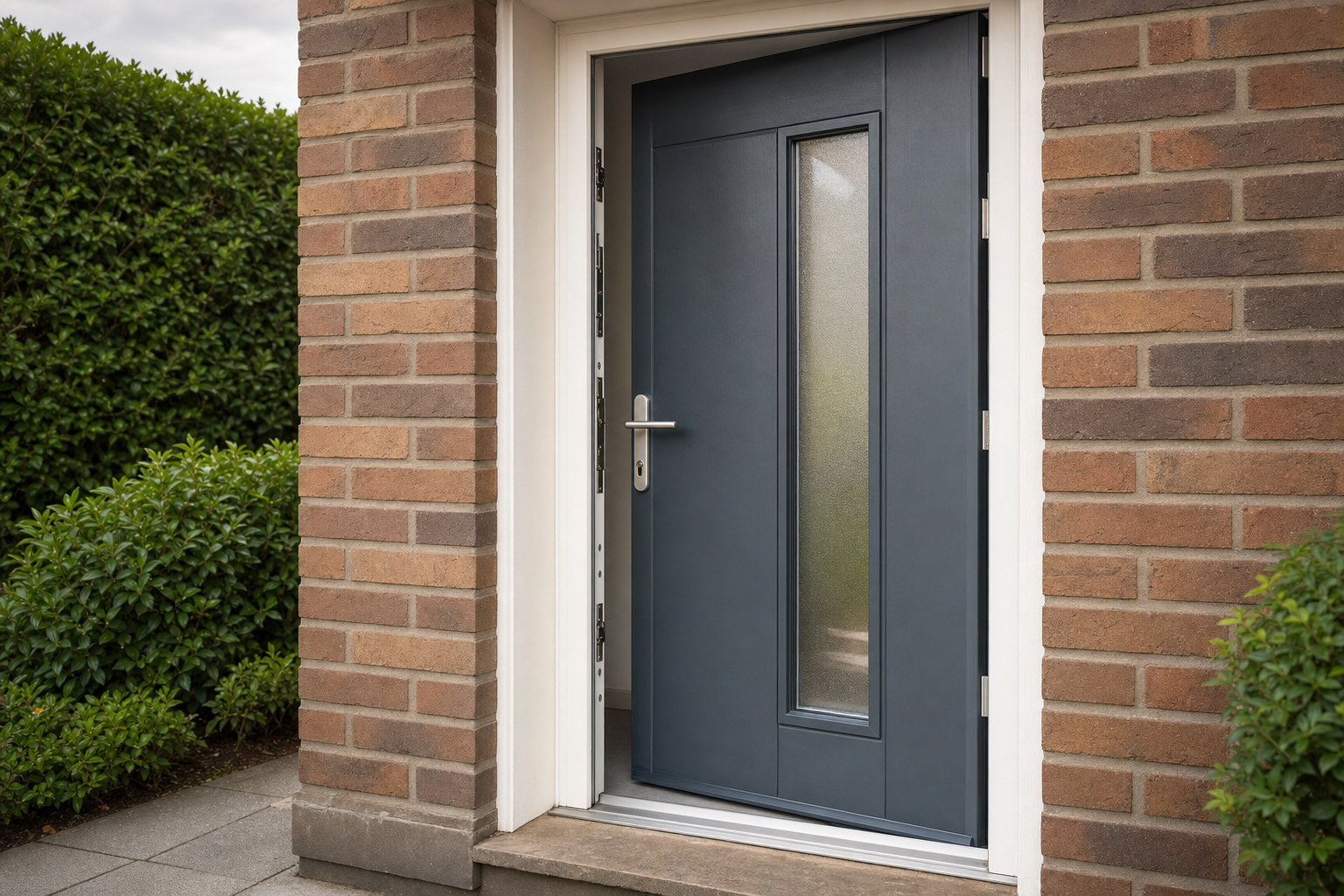 A modern grey front door with a narrow window, slightly ajar, set in a brick facade with greenery beside.