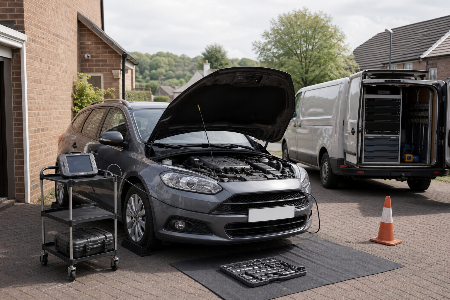 Car undergoing repair with its hood open, surrounded by tools and diagnostic equipment outside a garage.