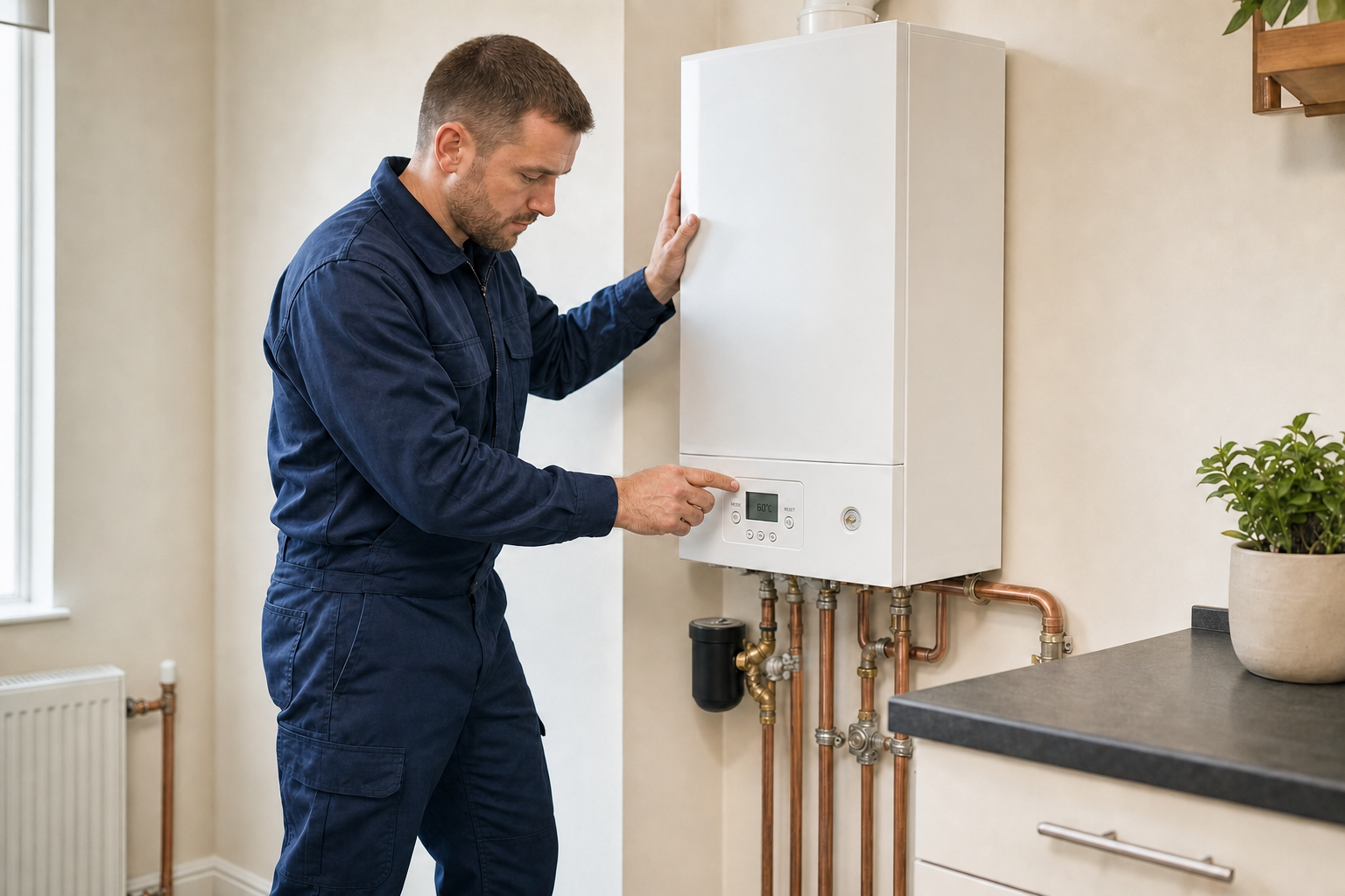 Engineer adjusting a wall-mounted boiler in a modern kitchen.