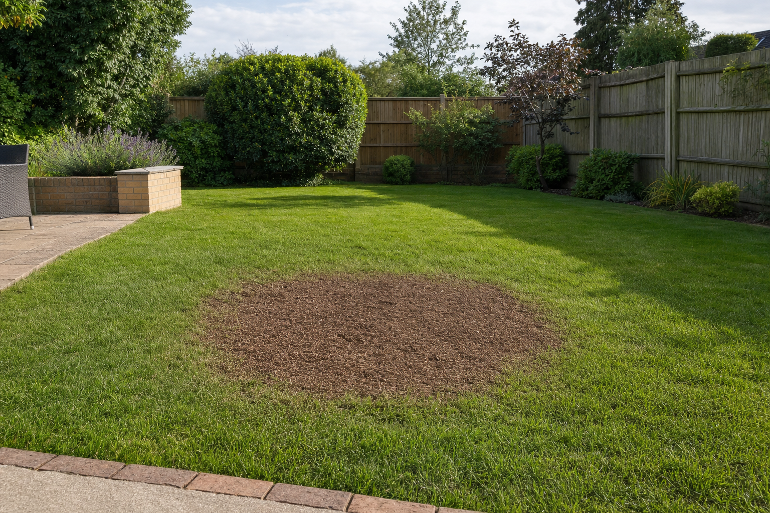 A garden with a circular patch of bare soil in the grass, surrounded by lush greenery and a wooden fence.