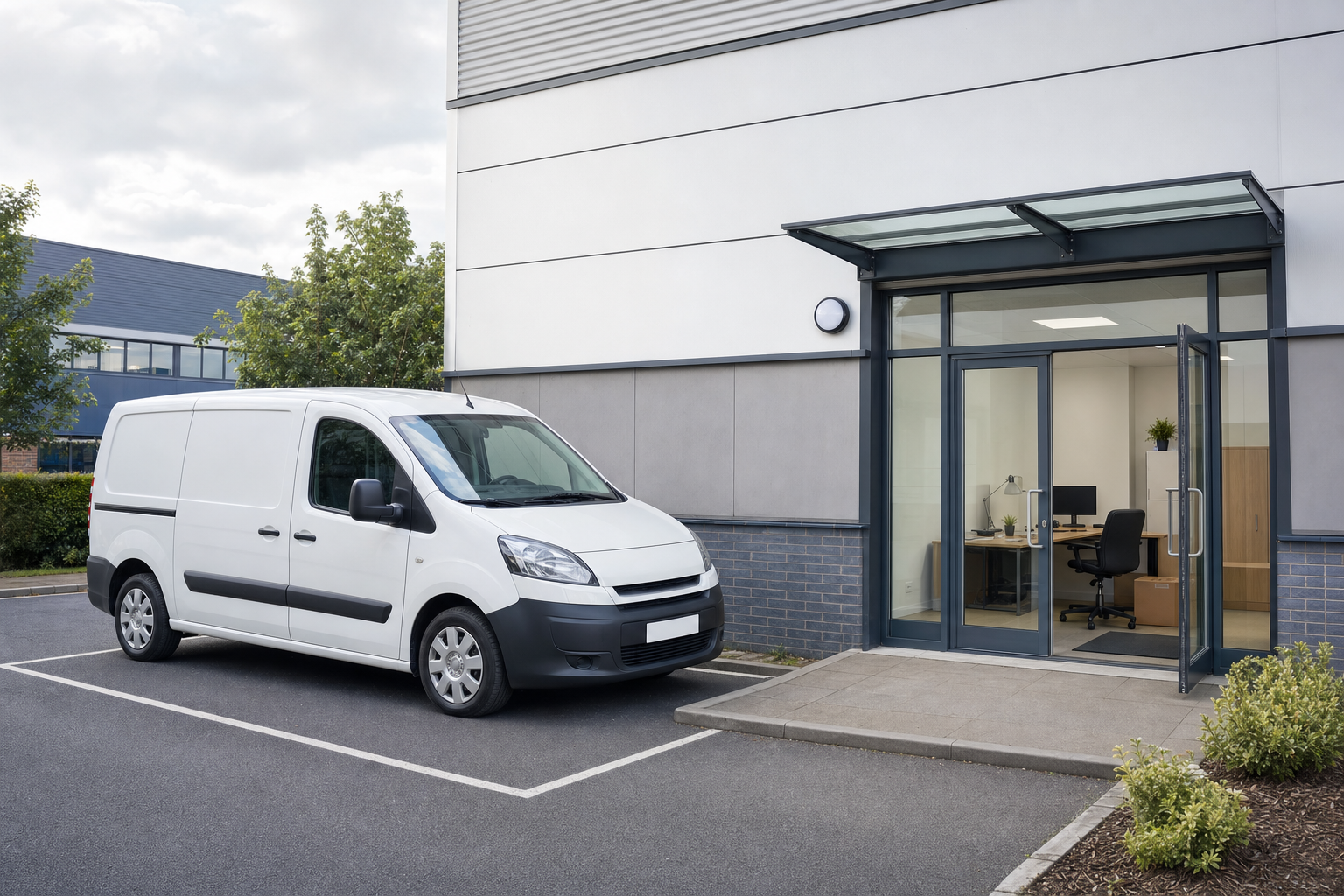 White van parked outside an office building with glass doors and interior view of a desk and computer.