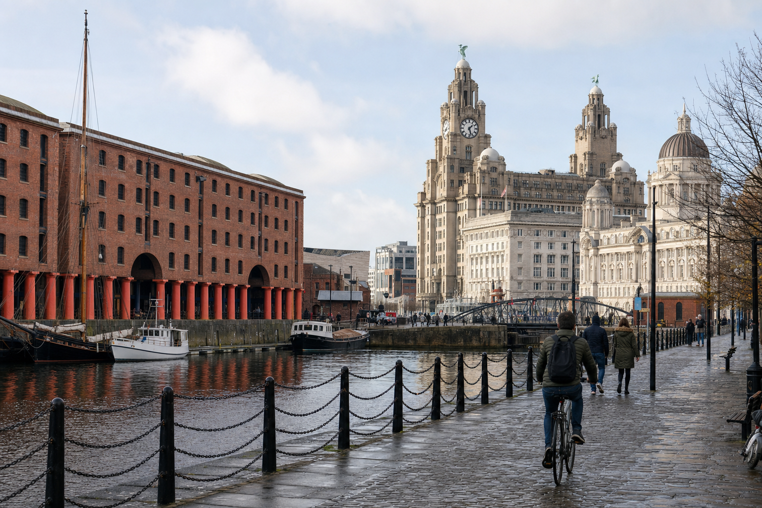 Person cycling along Liverpool's waterfront with historic buildings and boats in the background.