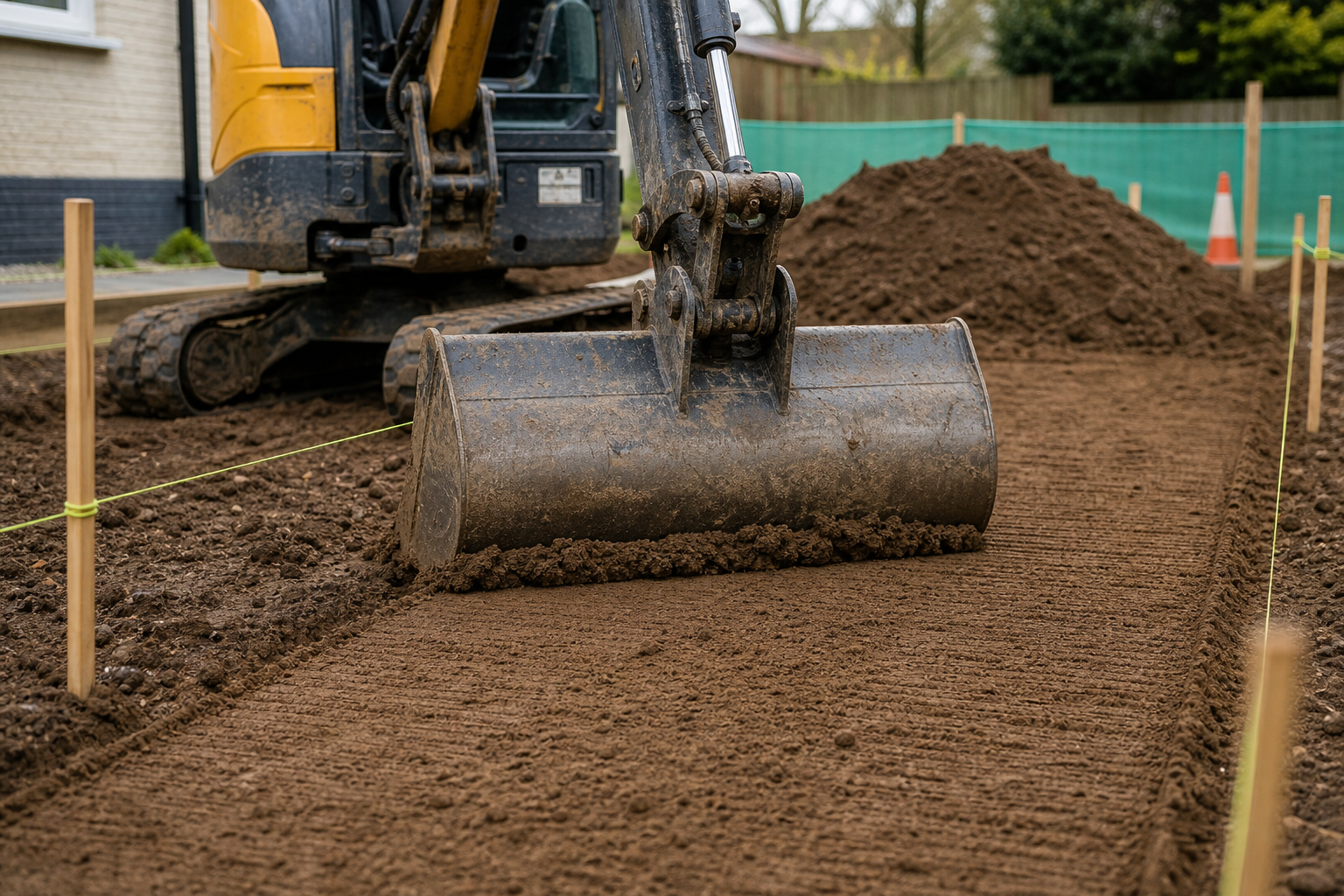A digger with a front bucket levels the ground, with piles of soil and construction cones in the background.