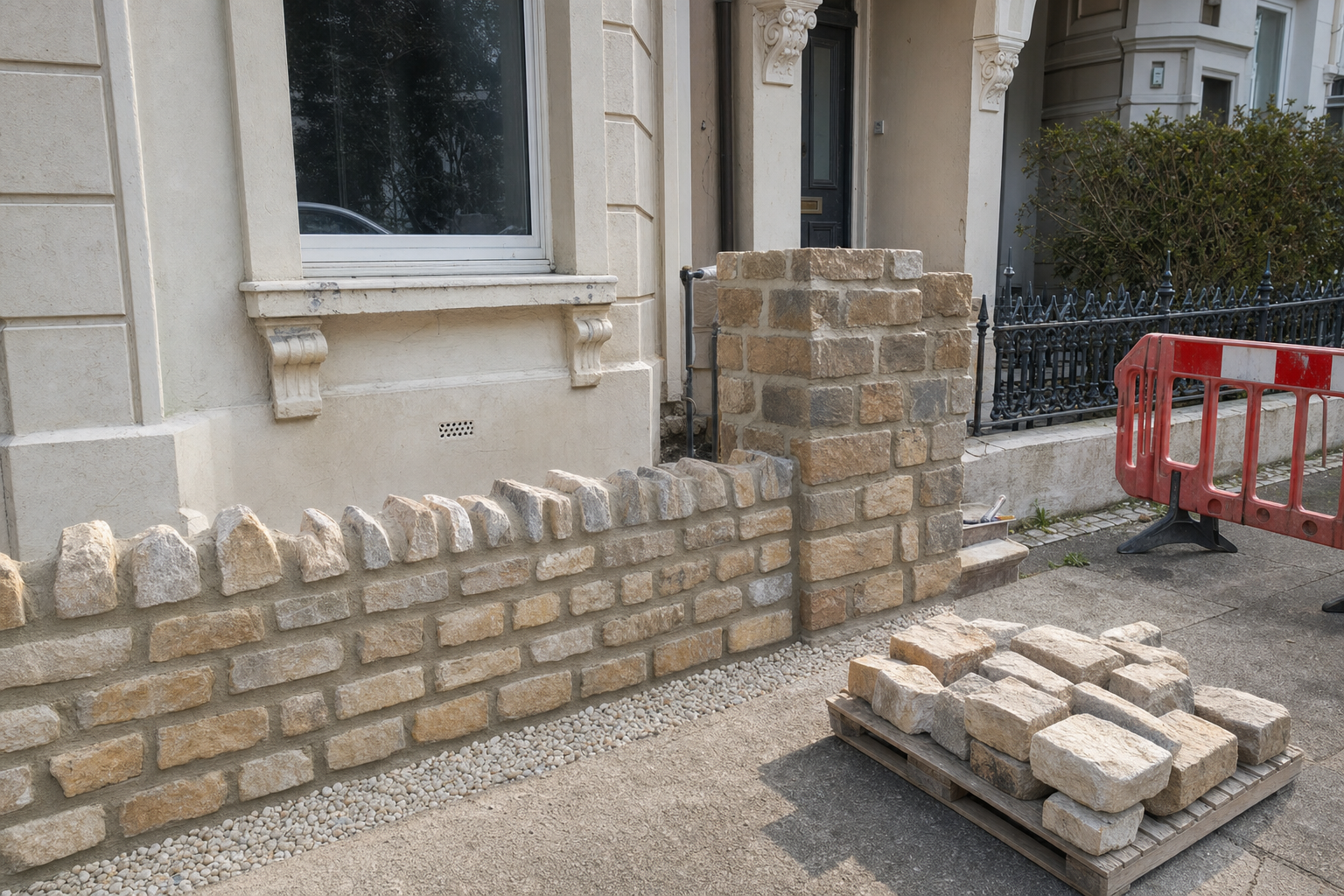 Partially constructed stone wall in front of a building, with more stones on a nearby wooden pallet.