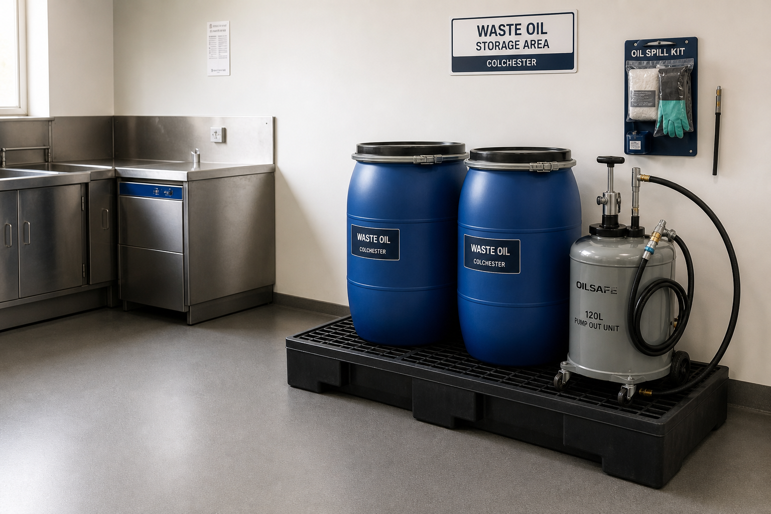 Industrial waste oil storage area with blue barrels and a spill kit.