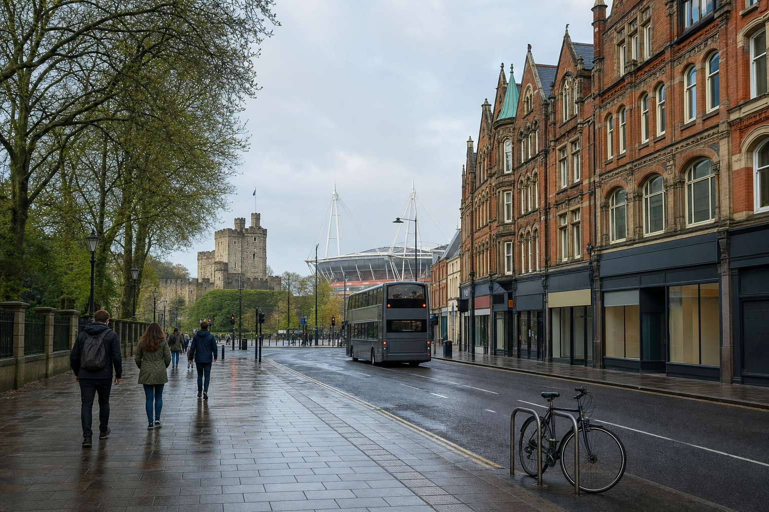 A double-decker bus travels down a rainy street in Cardiff, with Cardiff Castle and Principality Stadium in the background.