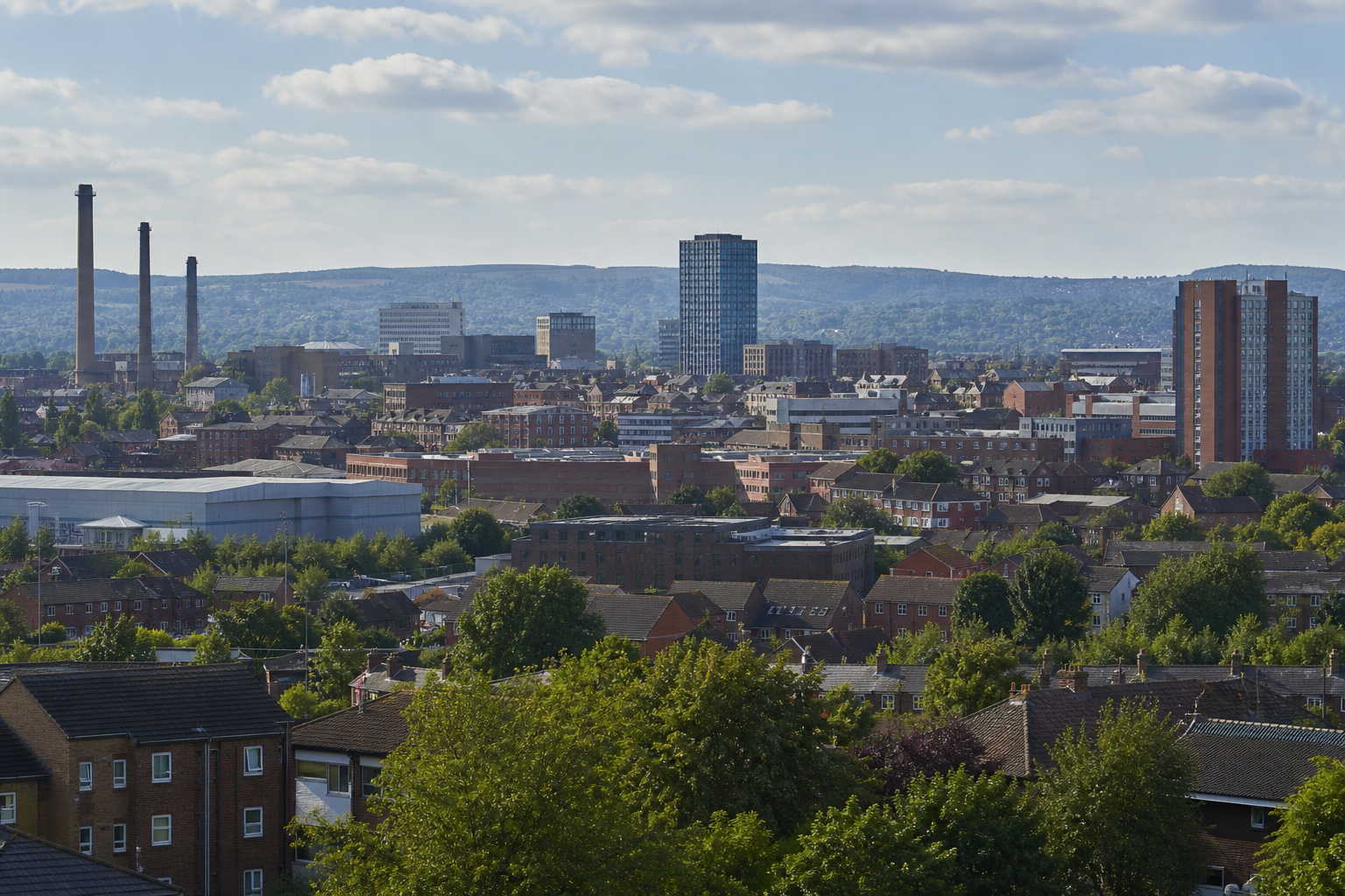 Cityscape with tall buildings, smokestacks, and lush green trees under a cloudy sky.