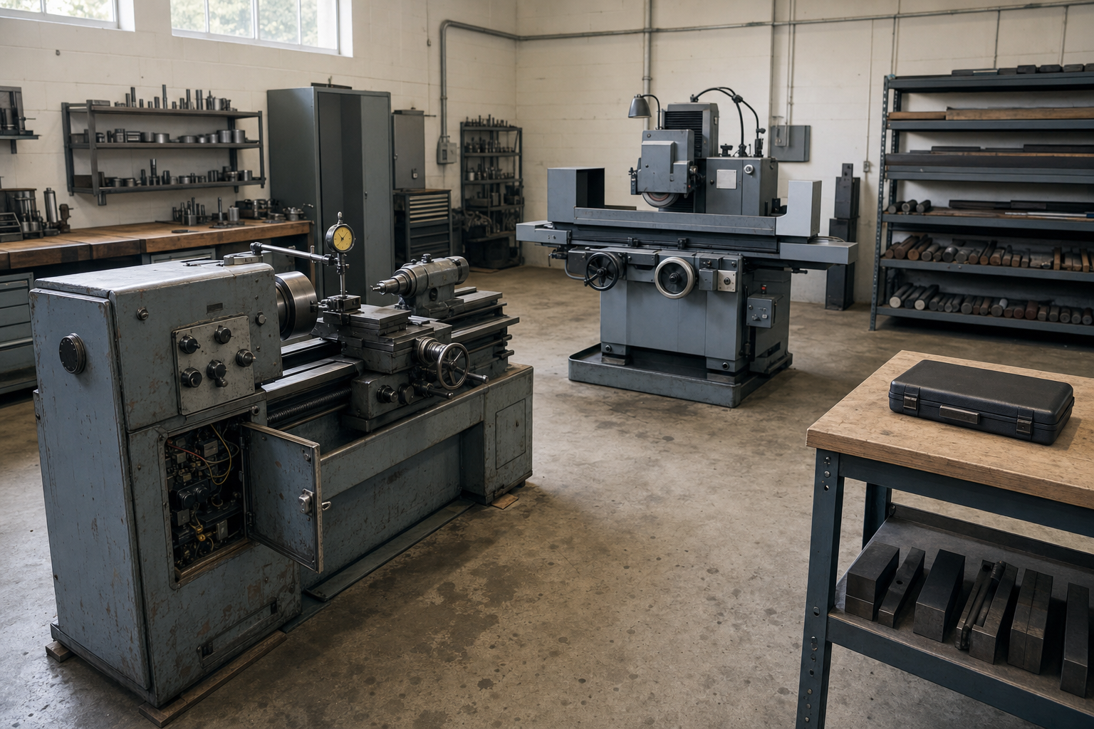 Industrial workshop with machining equipment, tools, and a case on a table.