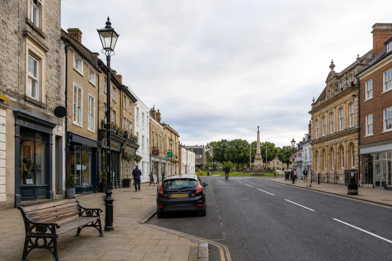 A quaint high street with stone buildings, a bench, parked car, and distant war memorial on a cloudy day.