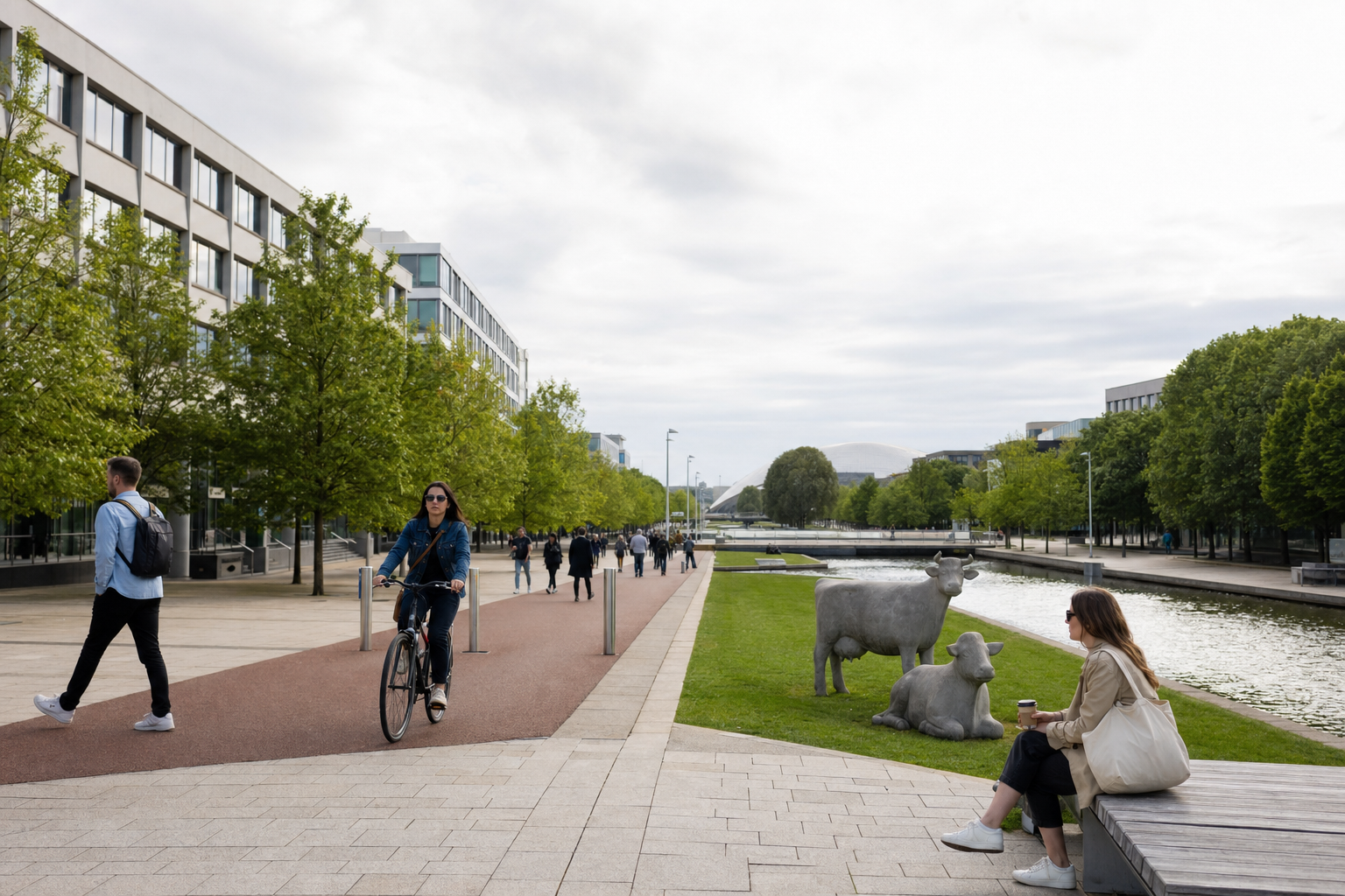 A cyclist, pedestrians, and a woman with a coffee sit near cow statues along a tree-lined canal path.