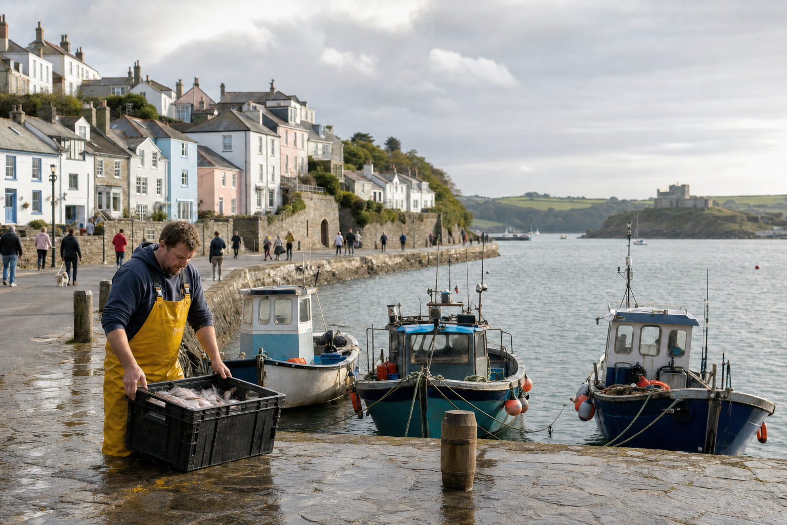A fisherman in yellow overalls carries a crate of fish near moored boats in a quaint harbour village.