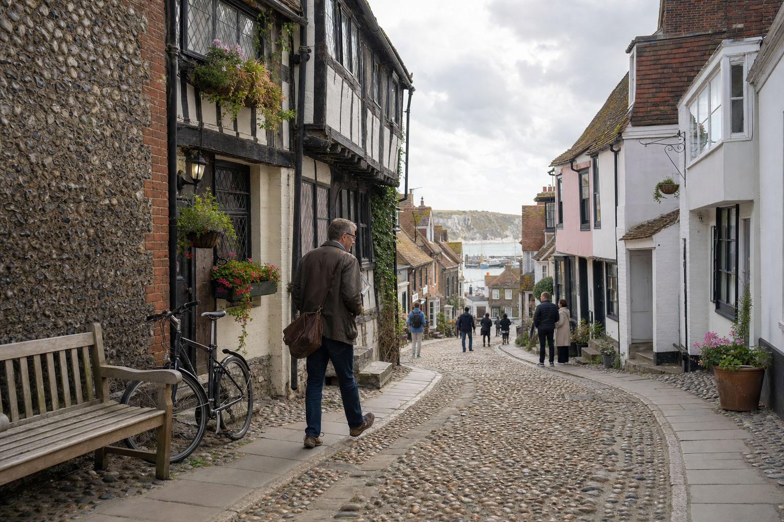 Narrow cobblestone street lined with historic buildings and pedestrians, leading towards a distant view of a harbour.