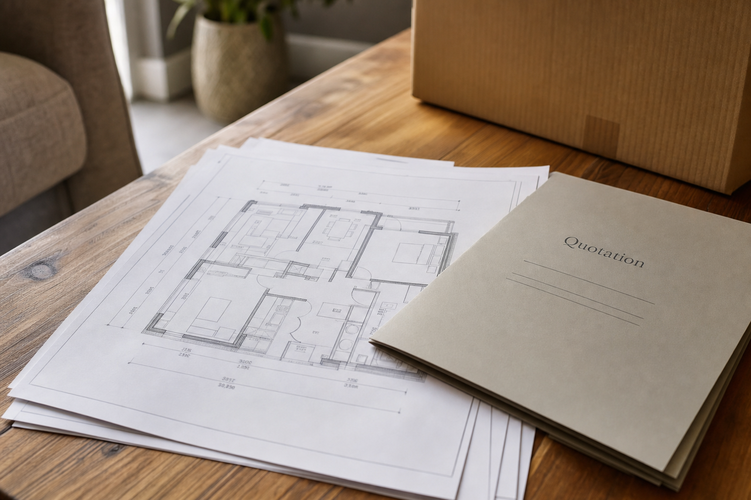 Architectural blueprints and a quotation booklet on a wooden table.