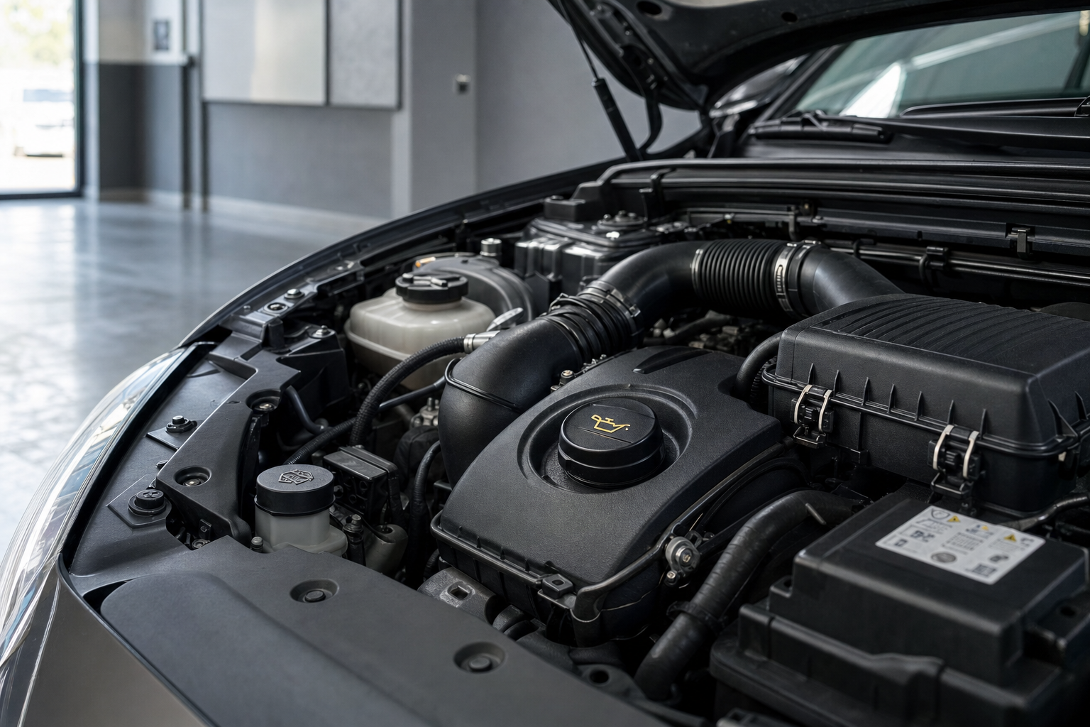 Car engine compartment with a focus on the oil cap and surrounding components in a garage setting.
