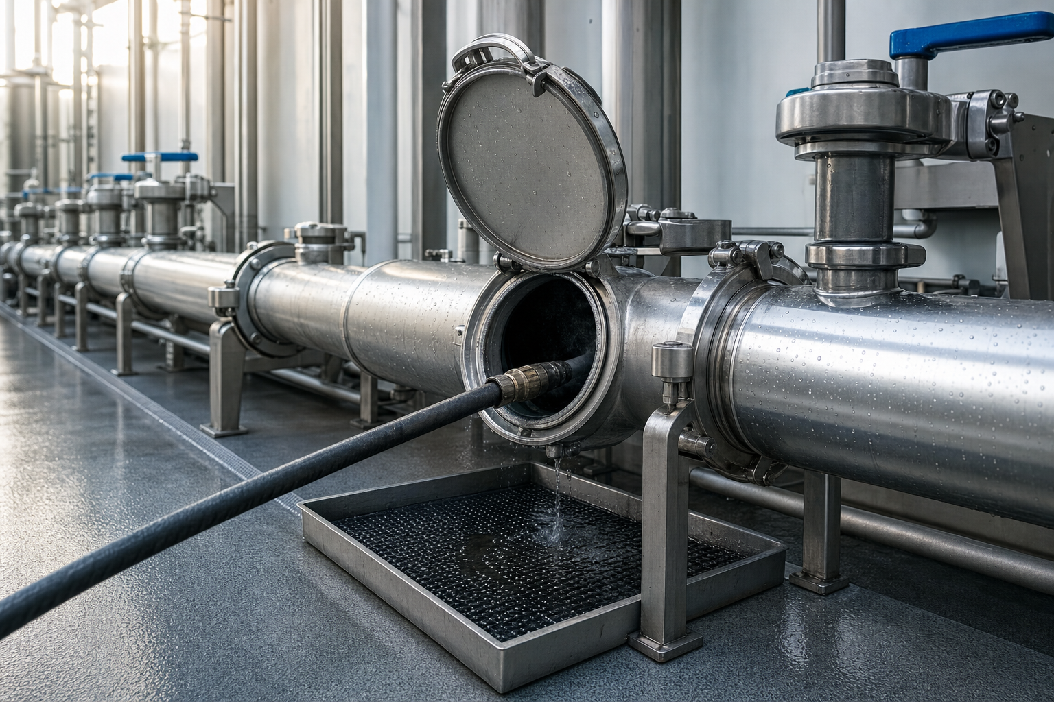 Industrial metal pipe with an open hatch and a black hose connected, releasing liquid into a tray below.