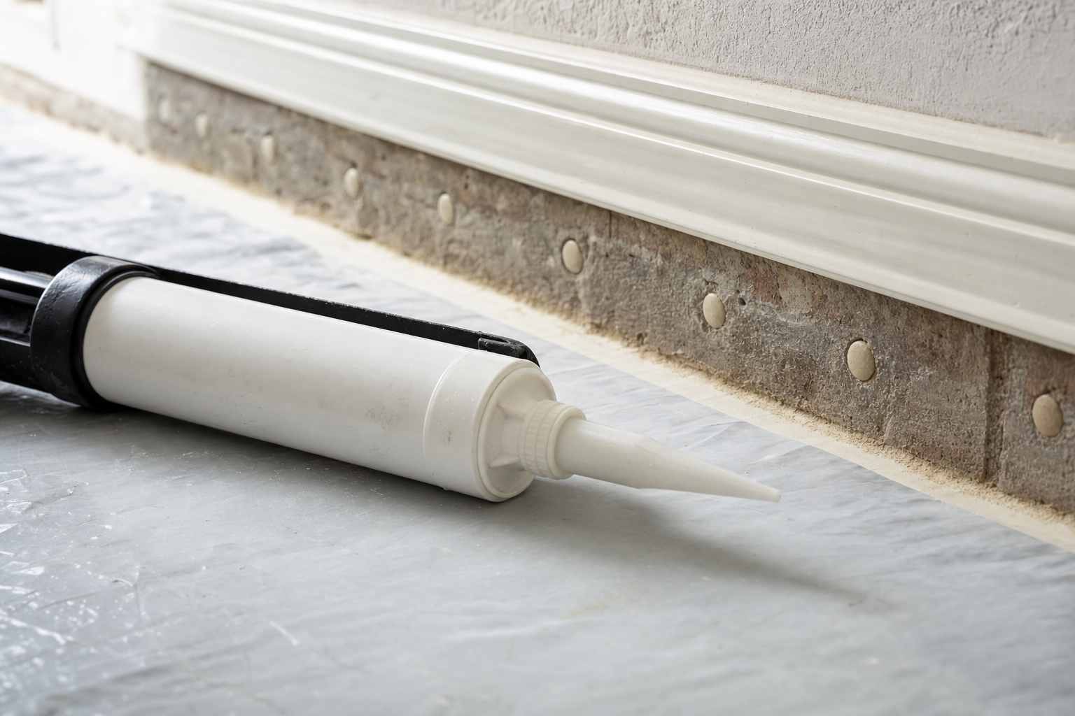 Caulking gun placed on a plastic-covered floor near a partially finished skirting board.