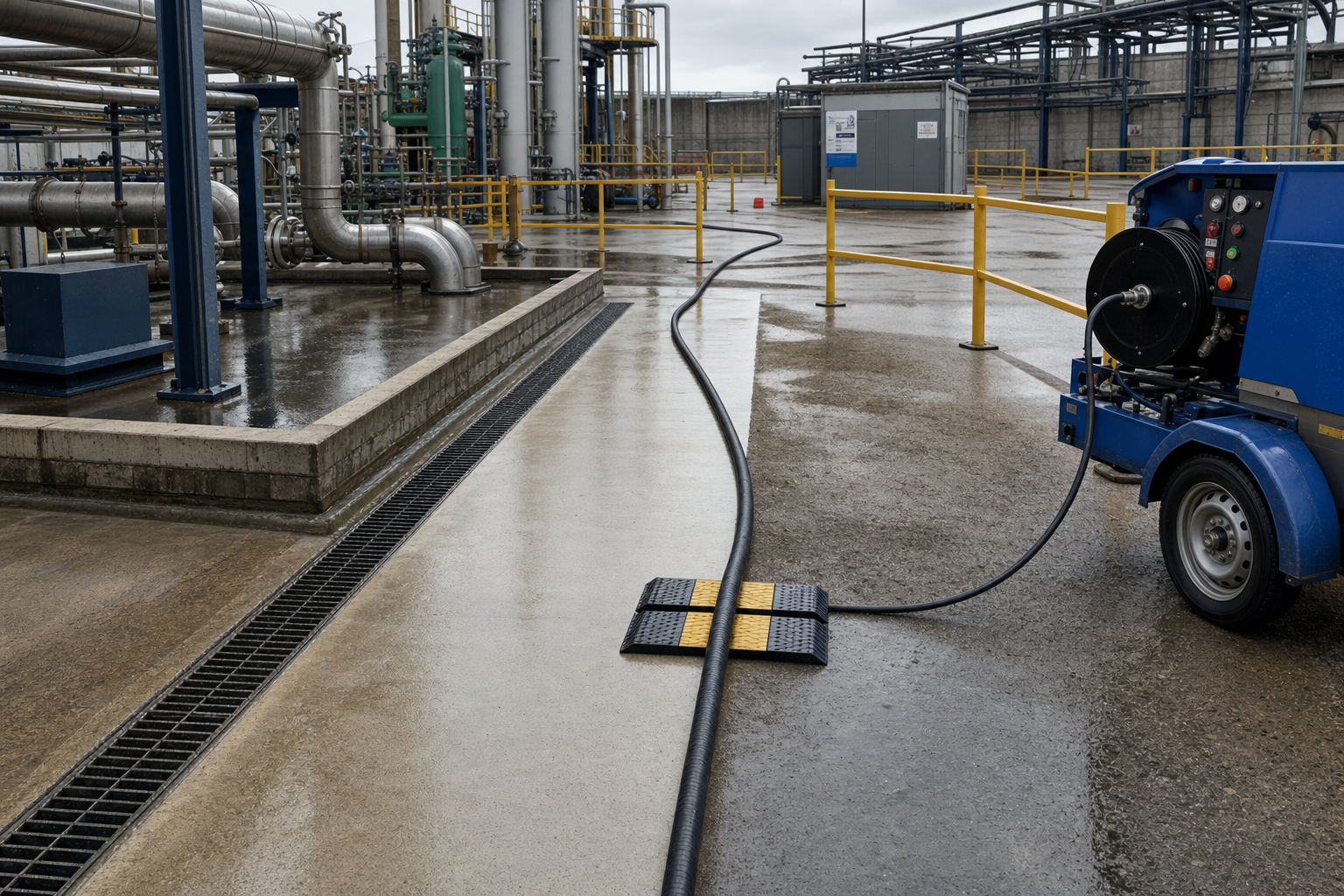 Industrial setting with wet concrete ground, large pipes, a hose crossing a cable ramp, and blue equipment.