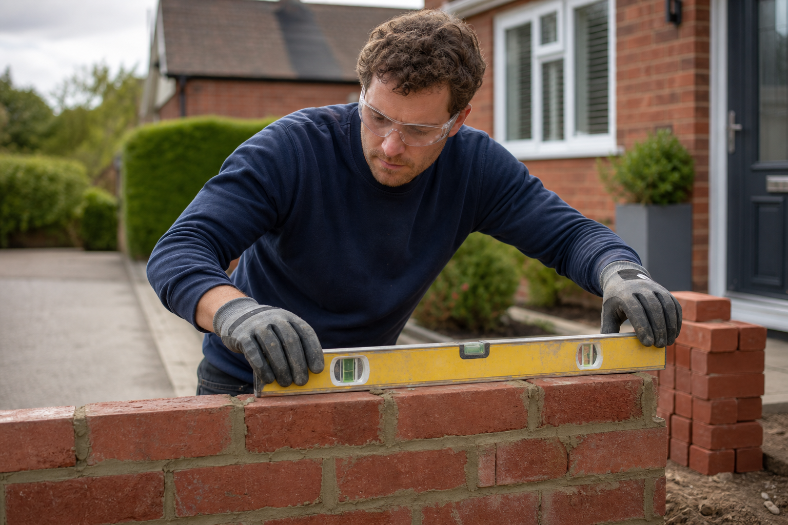 A builder wearing safety goggles checks the level of bricks on a newly constructed wall outside a house.