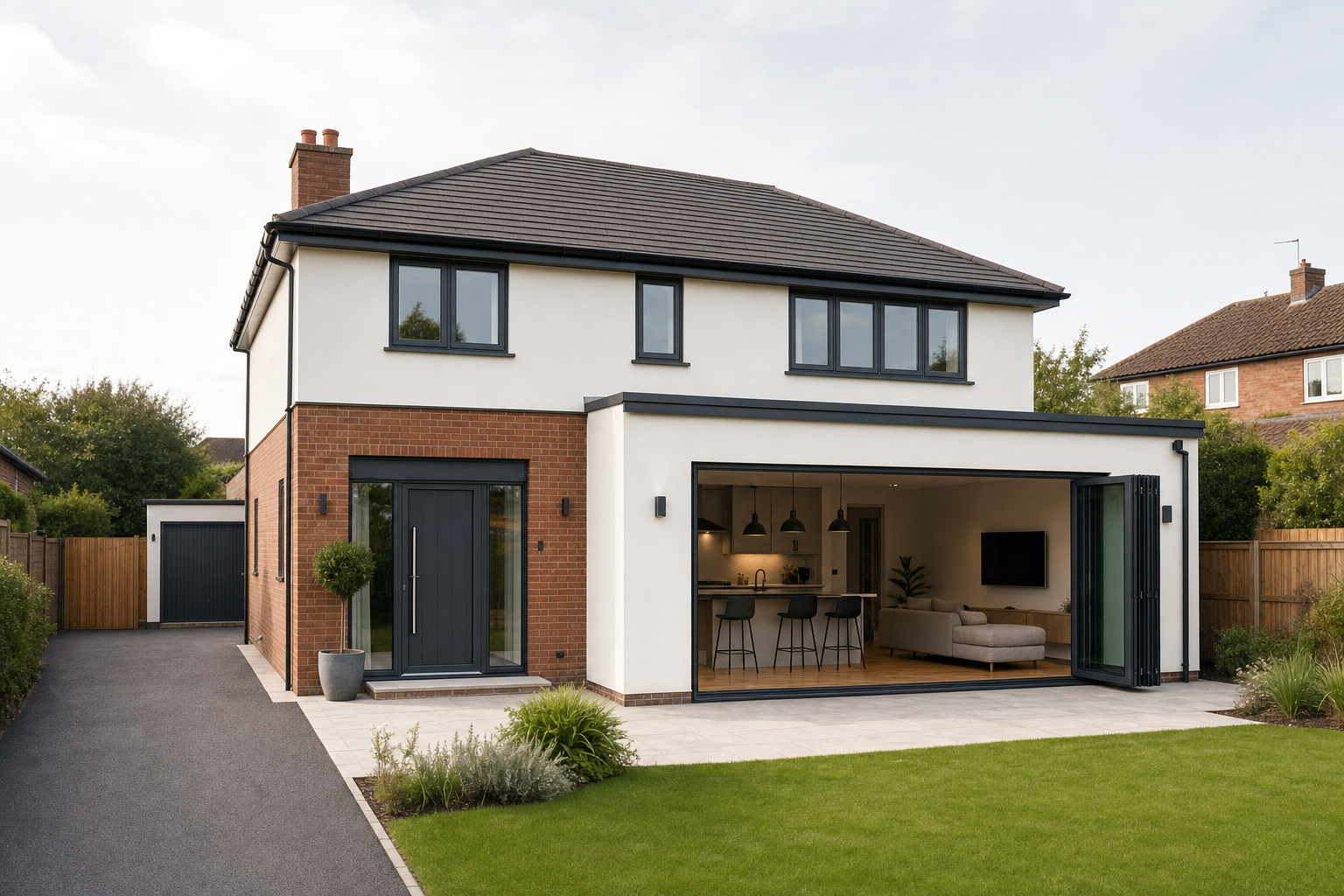 Modern two-storey house with a mixed brick and white exterior, featuring an open-plan kitchen and garden.