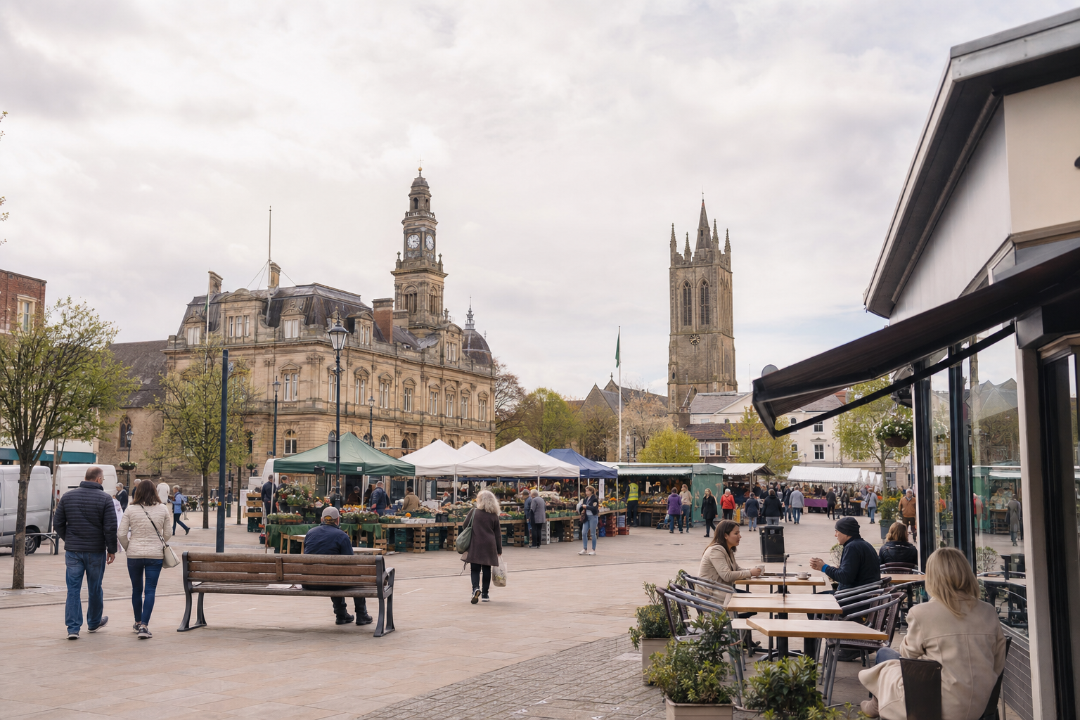 People enjoying a sunny day at a bustling outdoor market with historic buildings in the background.