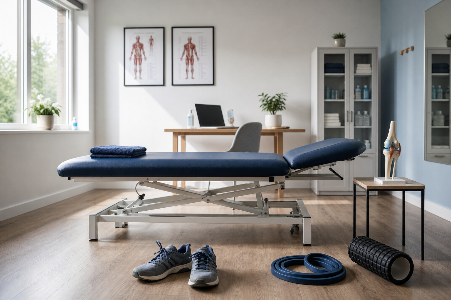 Physiotherapy room with an adjustable treatment table, exercise equipment, and anatomical posters on the wall.