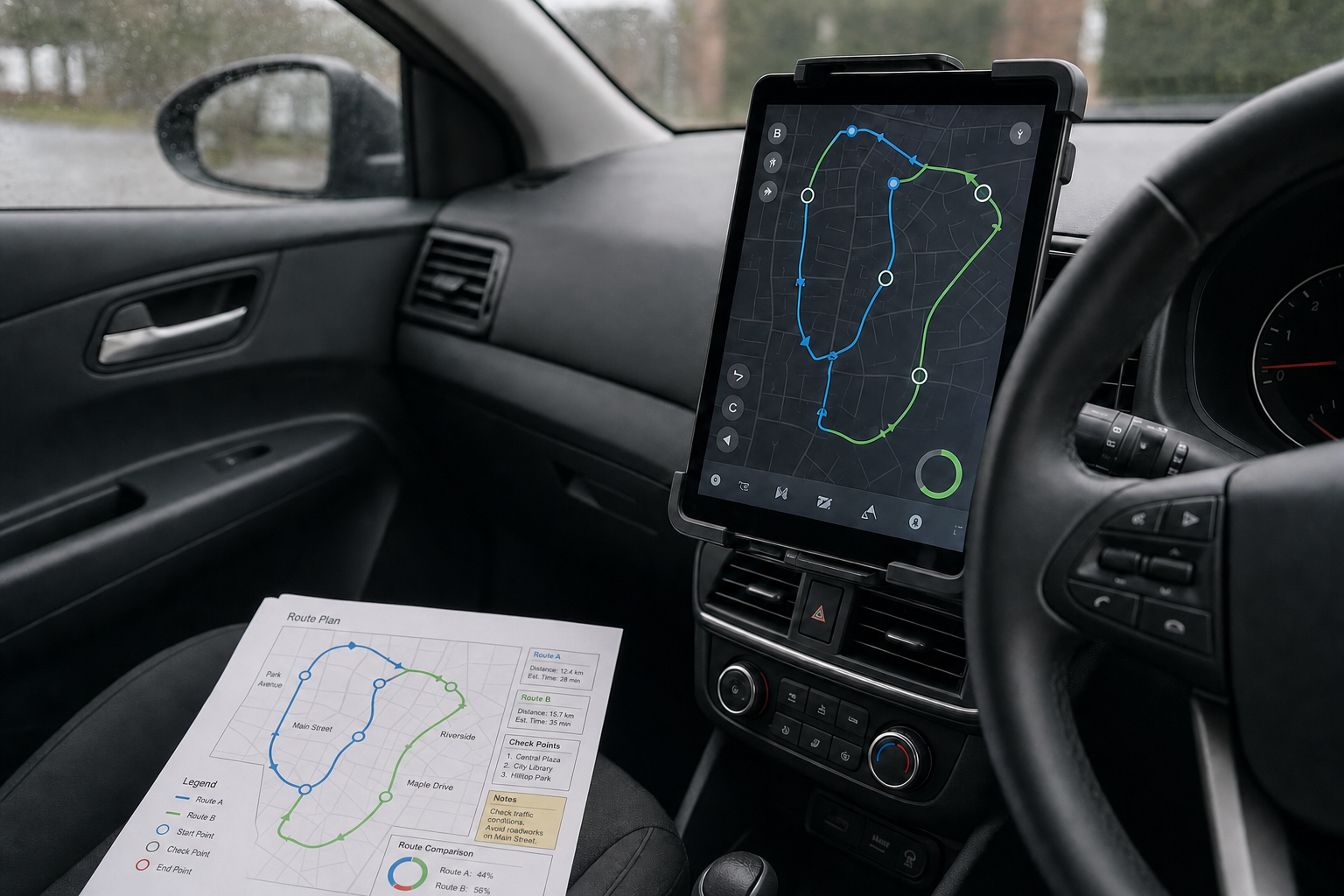Car interior showing a tablet GPS display with route maps and a printed route plan on the passenger seat.