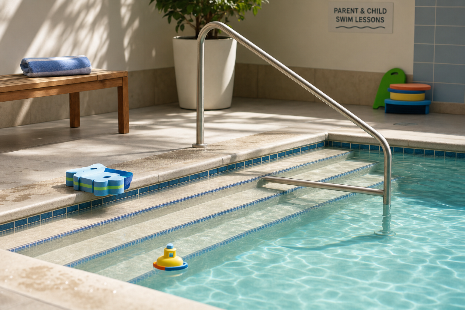 Shallow pool with steps, a toy boat floating, foam kickboards, and a bench with a towel under sunlight.
