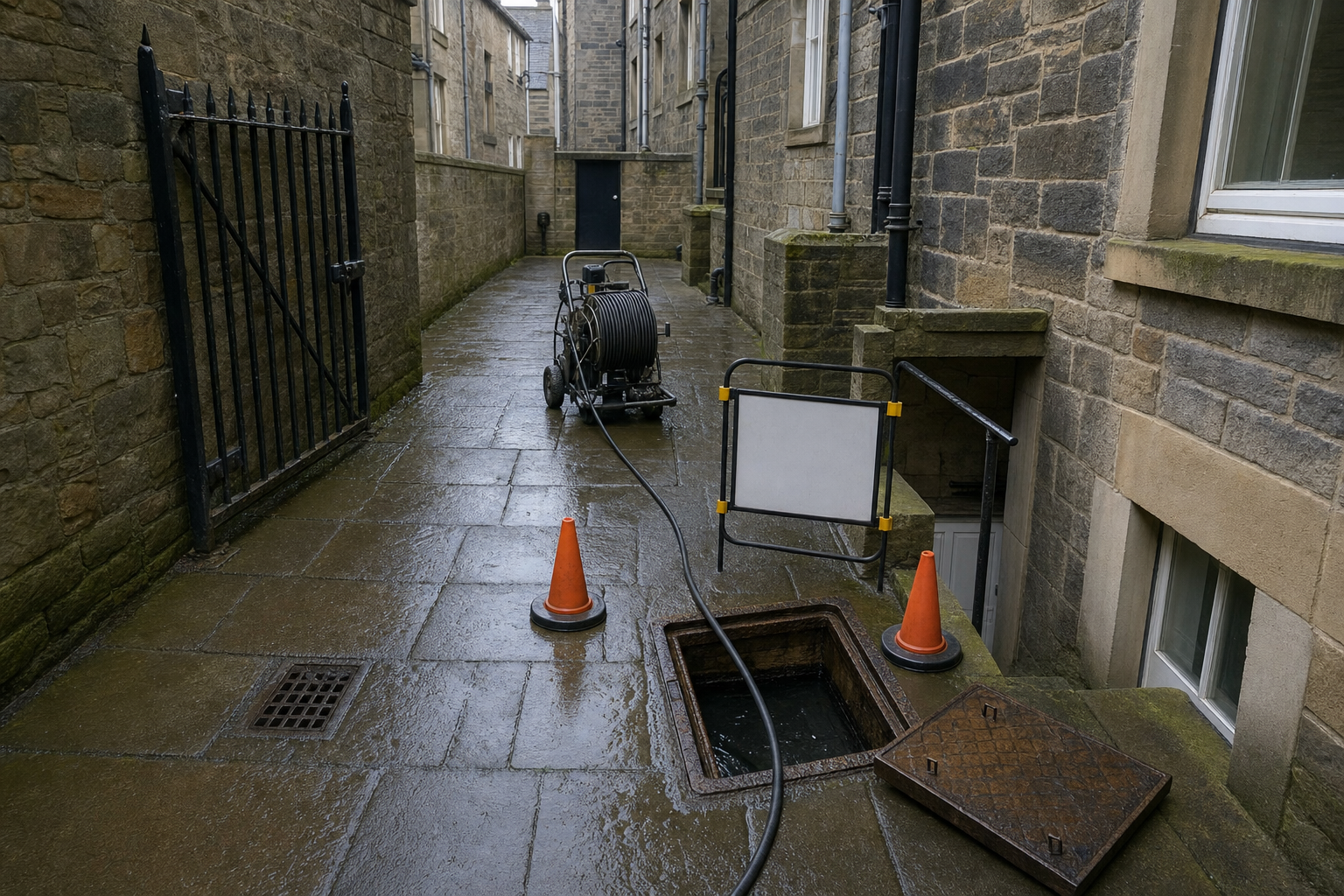 An open manhole with safety cones and a hose reel in a wet stone alleyway.