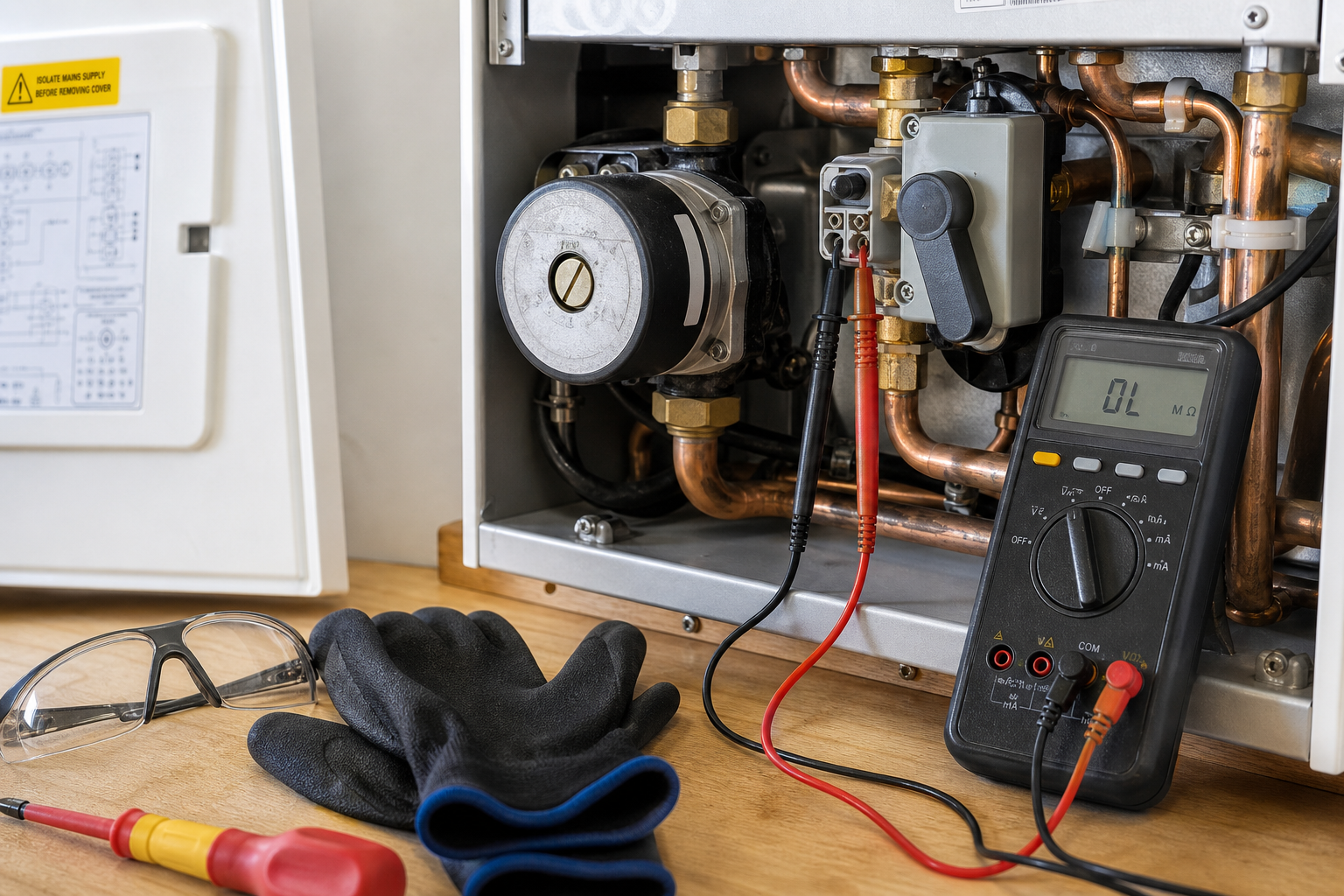 Multimeter connected to a boiler system with tools and safety gear on a workbench.