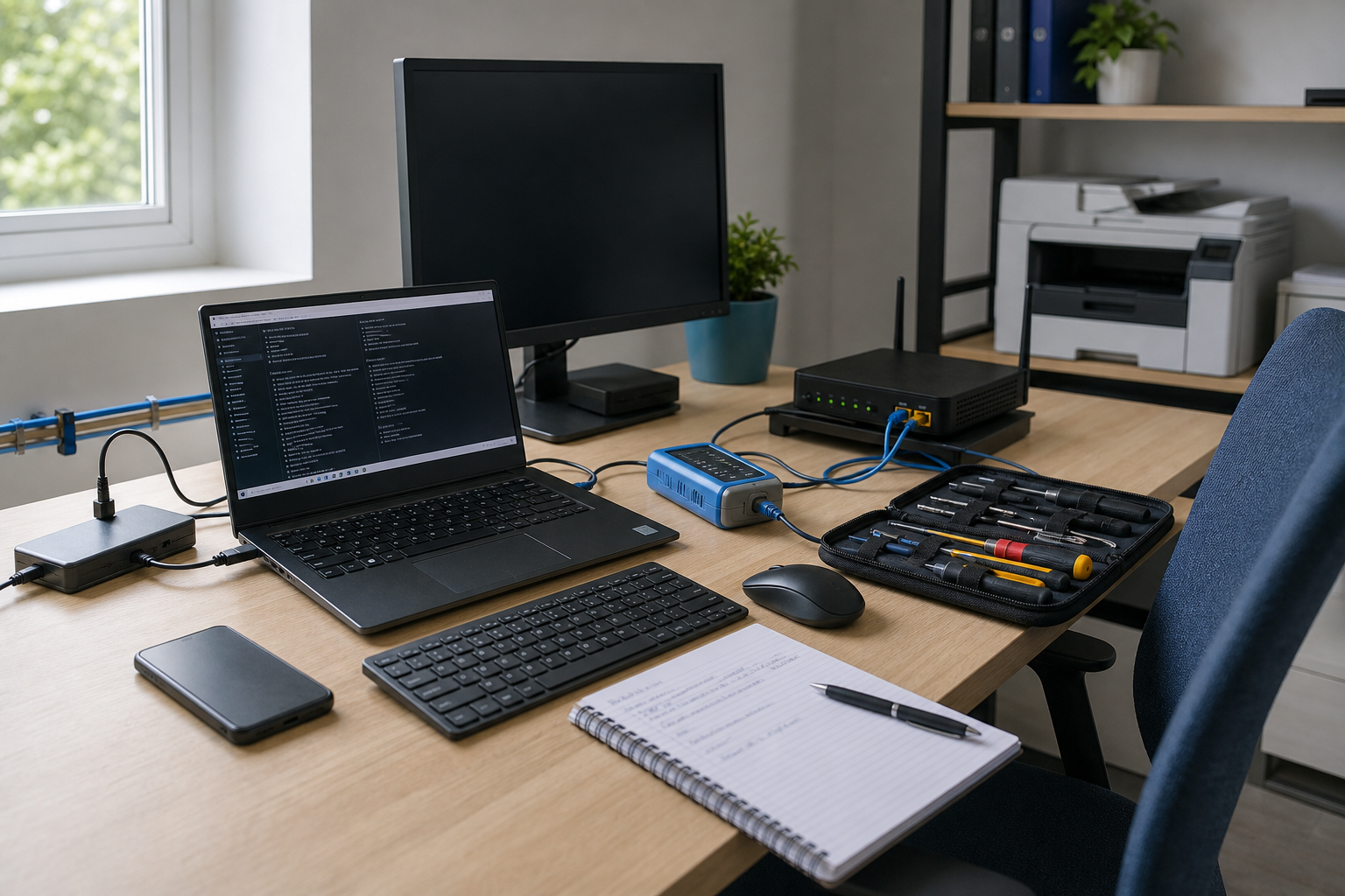 A home office desk setup with a laptop, monitor, tools, and a router.