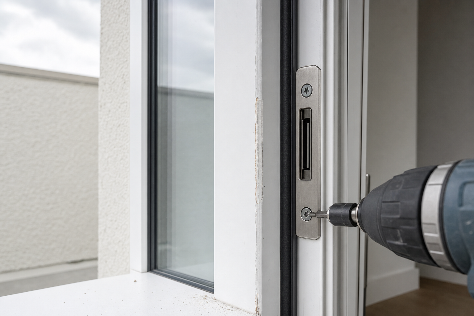 A power drill is being used to install or tighten screws on a door's metal lock plate.