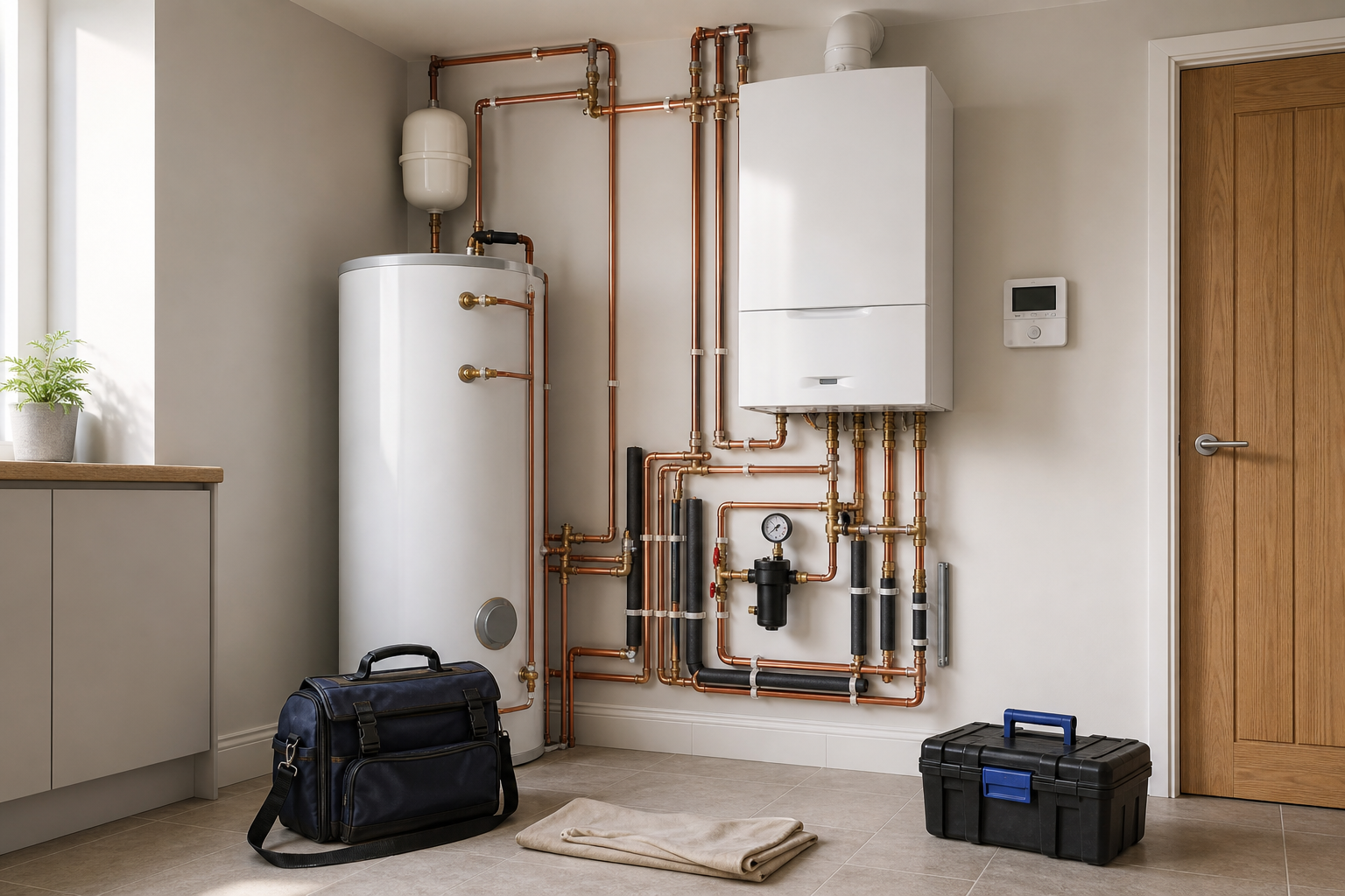 Modern boiler system with copper pipes and toolkit in a utility room.