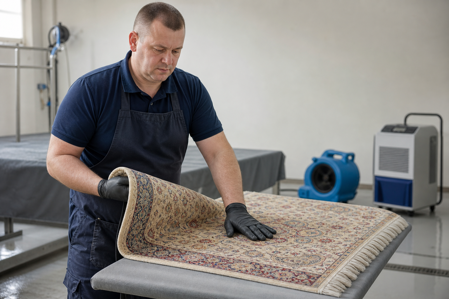 A worker in gloves and apron inspects a patterned rug in a workshop, with cleaning equipment in the background.