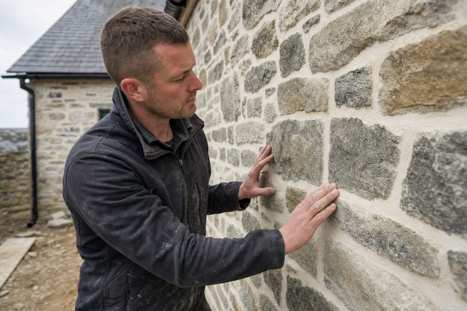 A man inspects a newly constructed stone wall with his hands.