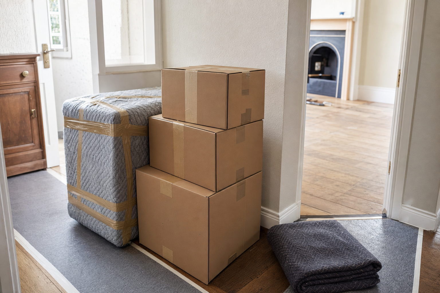 Cardboard boxes and wrapped furniture in a hallway during a home move.