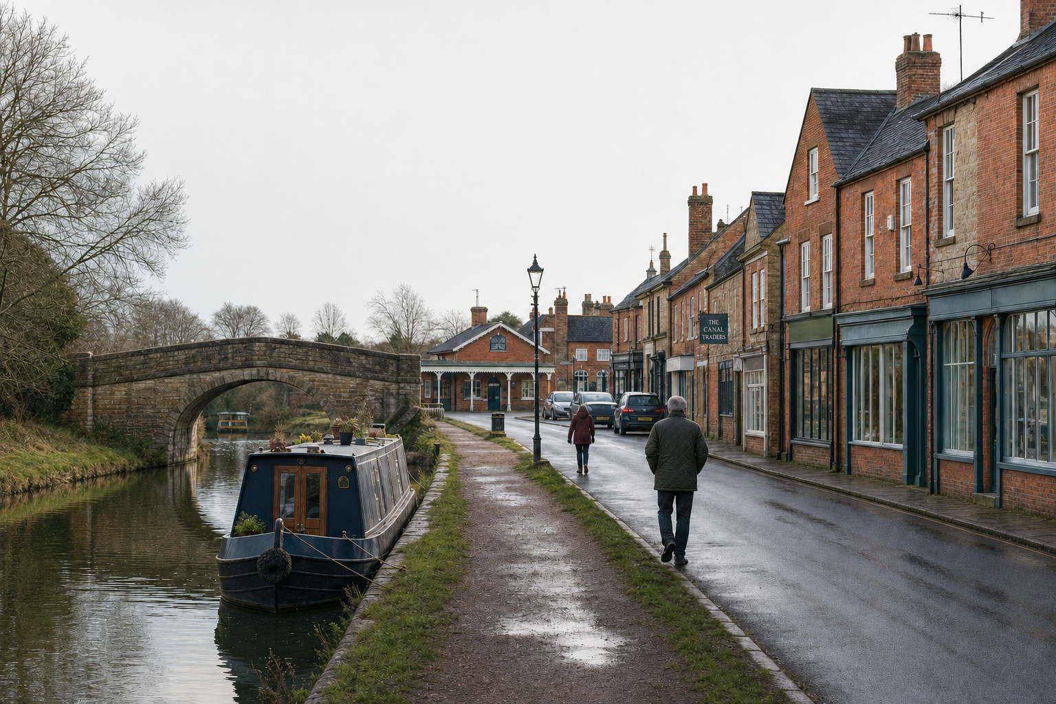 Canal boat moored beside a narrow path with people walking, adjacent to a row of red-brick buildings and a stone bridge.