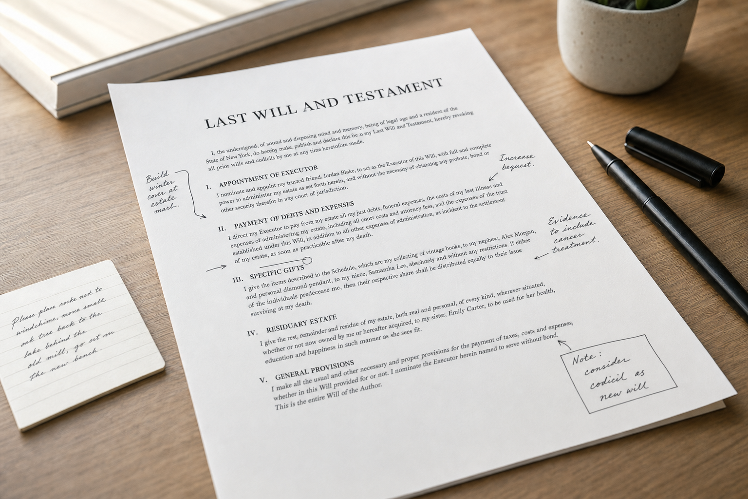 Last will and testament document with handwritten notes on a wooden desk alongside a black pen and small plant.