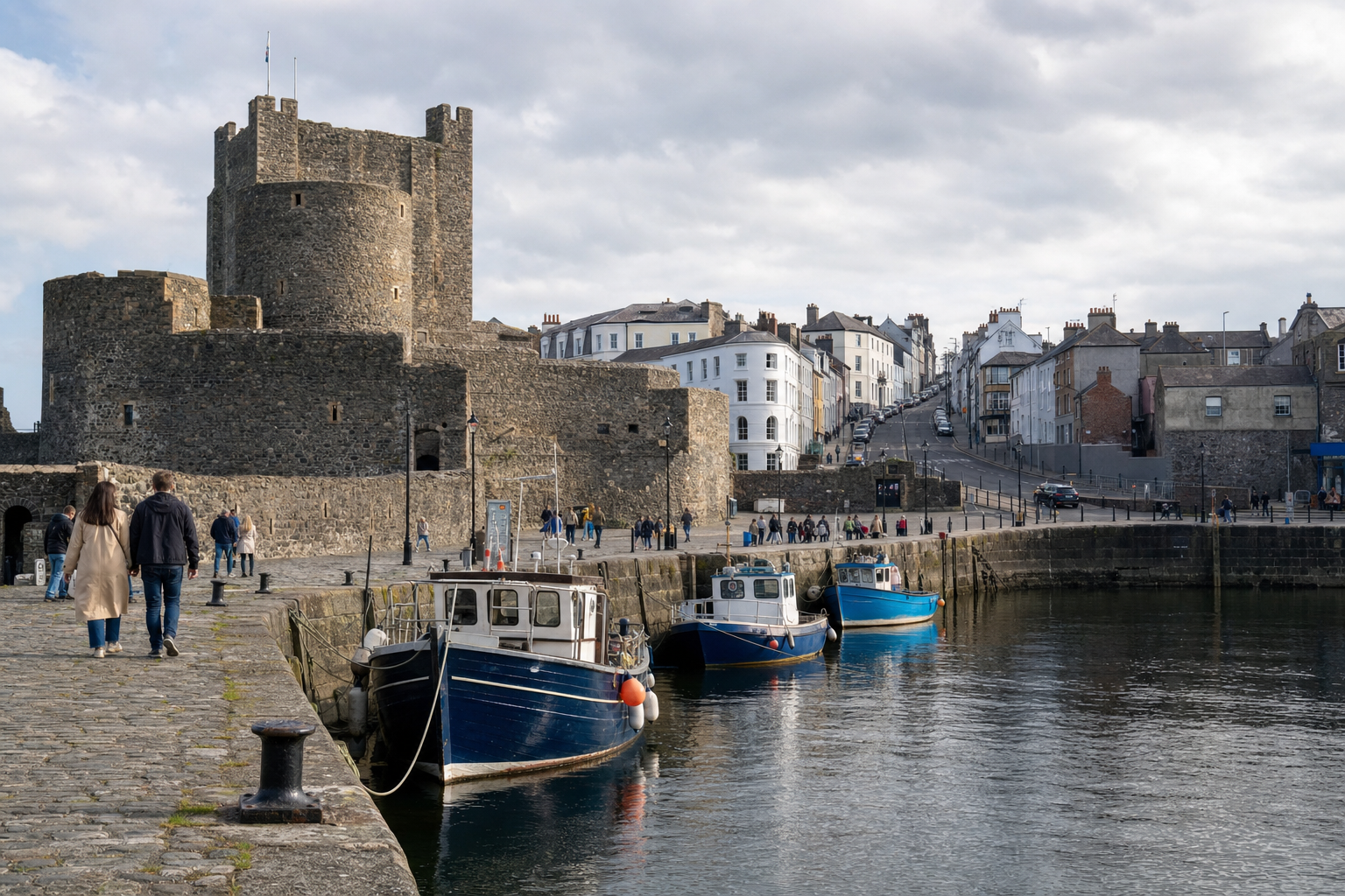 Coastal scene with boats docked at a harbour, historic stone castle, and people walking on a cobblestone path.