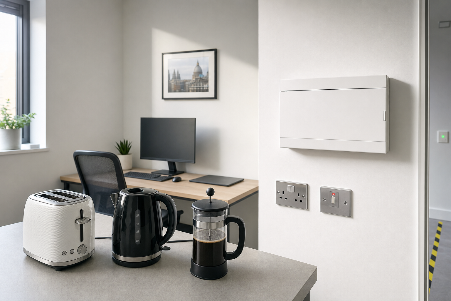 Modern kitchen counter with a toaster, electric kettle, and French press, next to a home office setup.