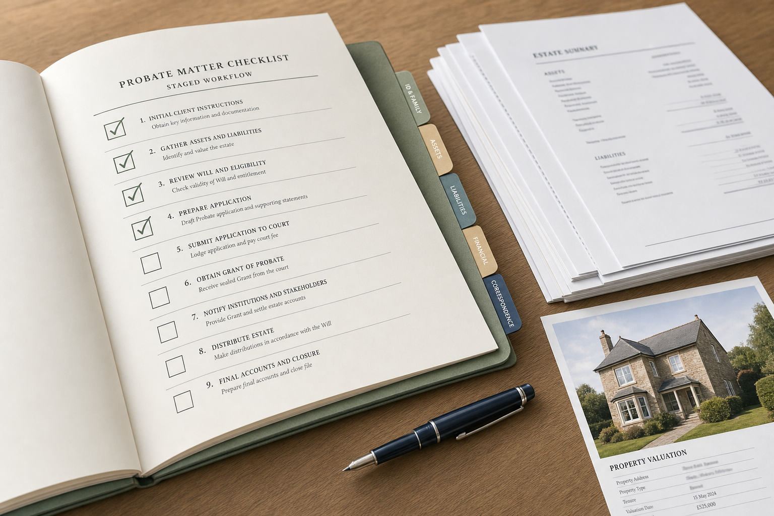 A probate checklist binder sits on a desk alongside estate documents and a property valuation photo.