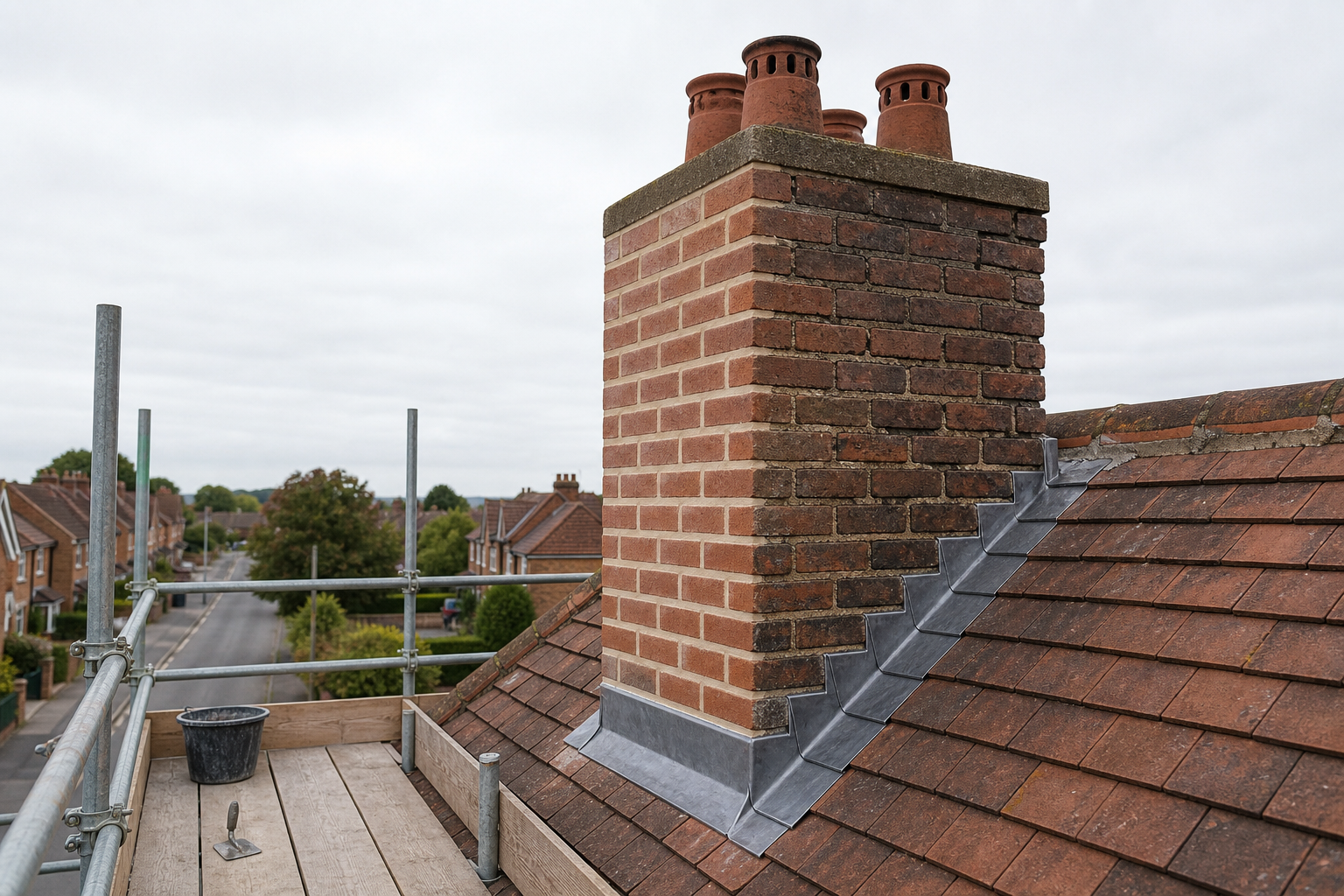 A brick chimney with multiple pots is surrounded by scaffolding on a tiled roof overlooking a residential street.