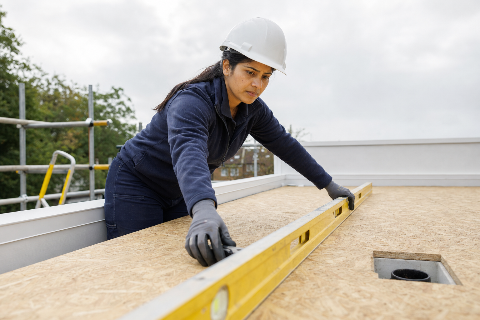 Construction worker wearing a white hard hat uses a spirit level on a flat roof.