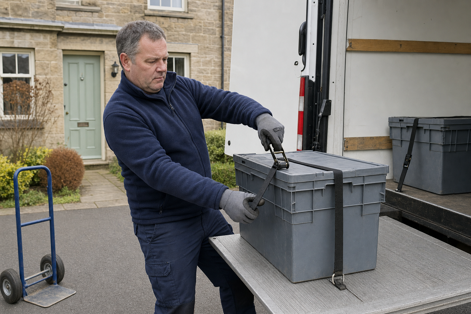 Man securing a grey storage box with a strap in the back of a delivery van outside a house.