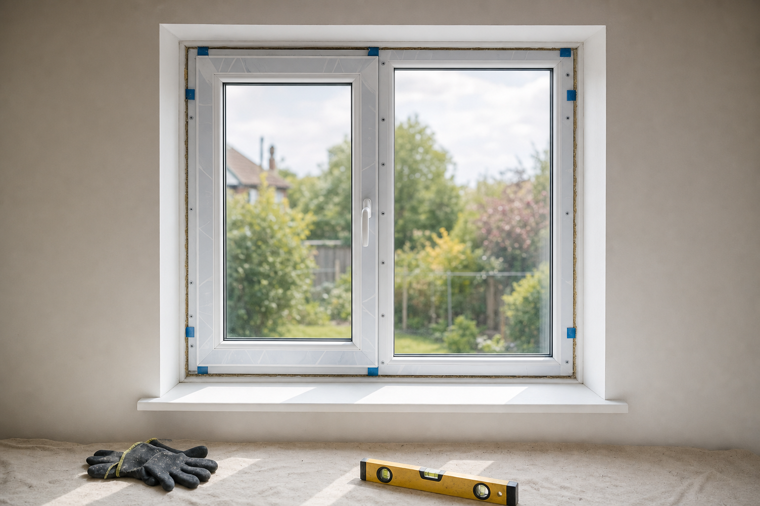 A newly installed window overlooks a garden, with gloves and a spirit level on the windowsill.