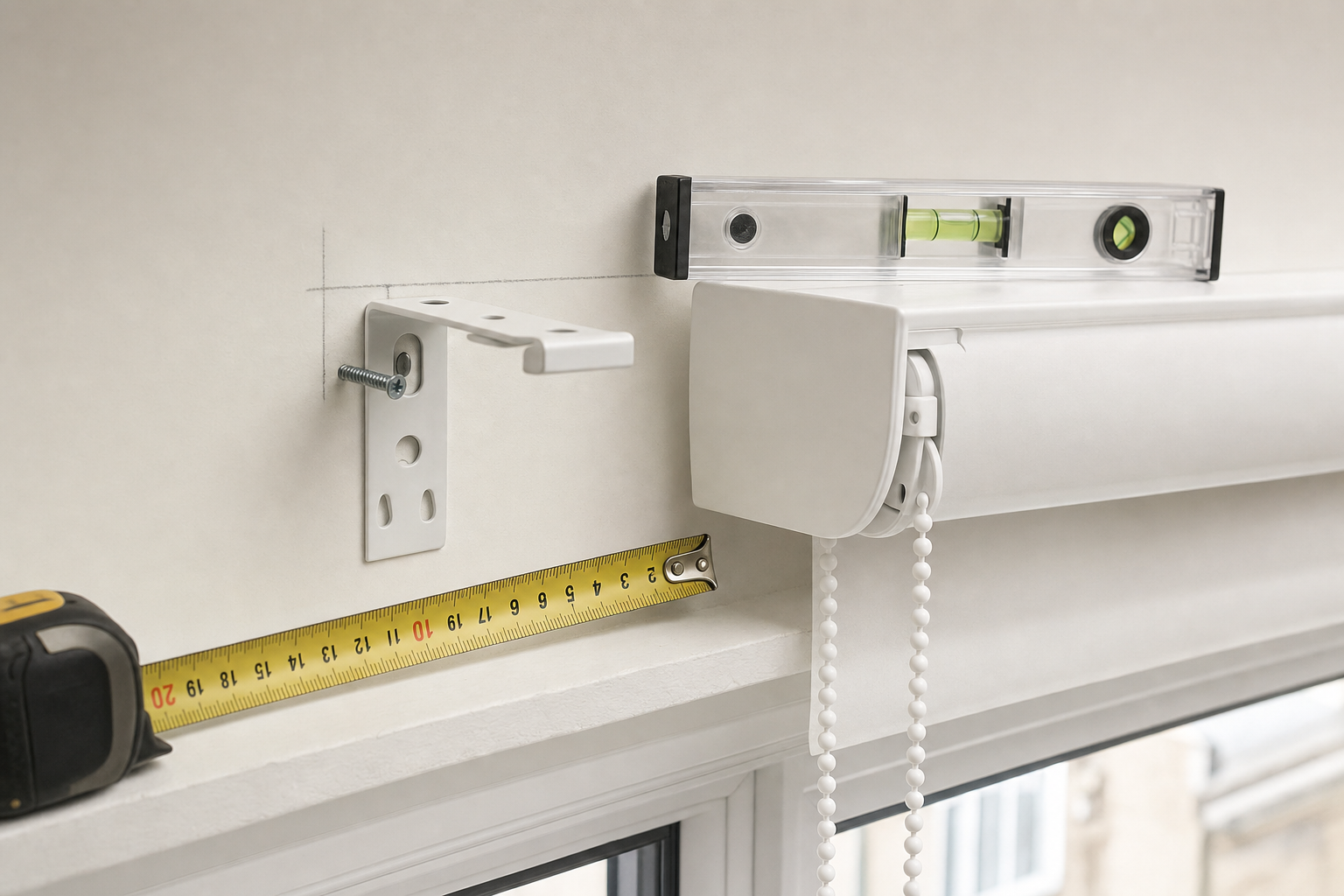 A tape measure and spirit level are used for aligning a new roller blind bracket above a window.