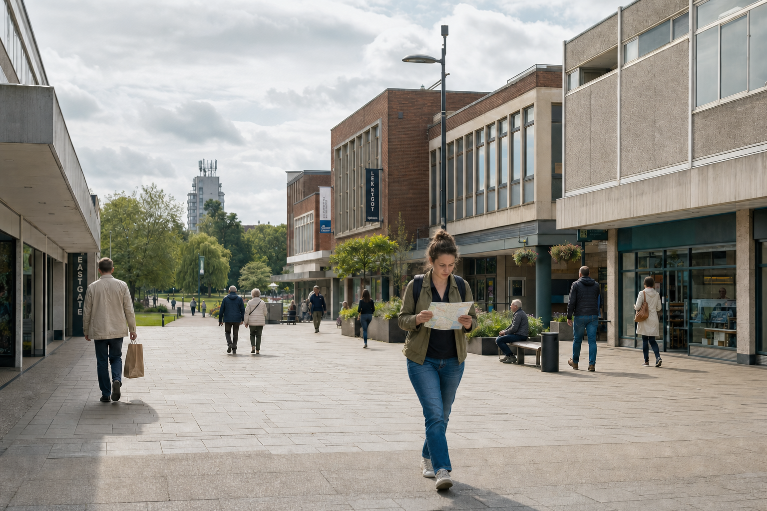 Woman walking along a pedestrian street reading a map, surrounded by others and bordered by modern buildings and greenery.