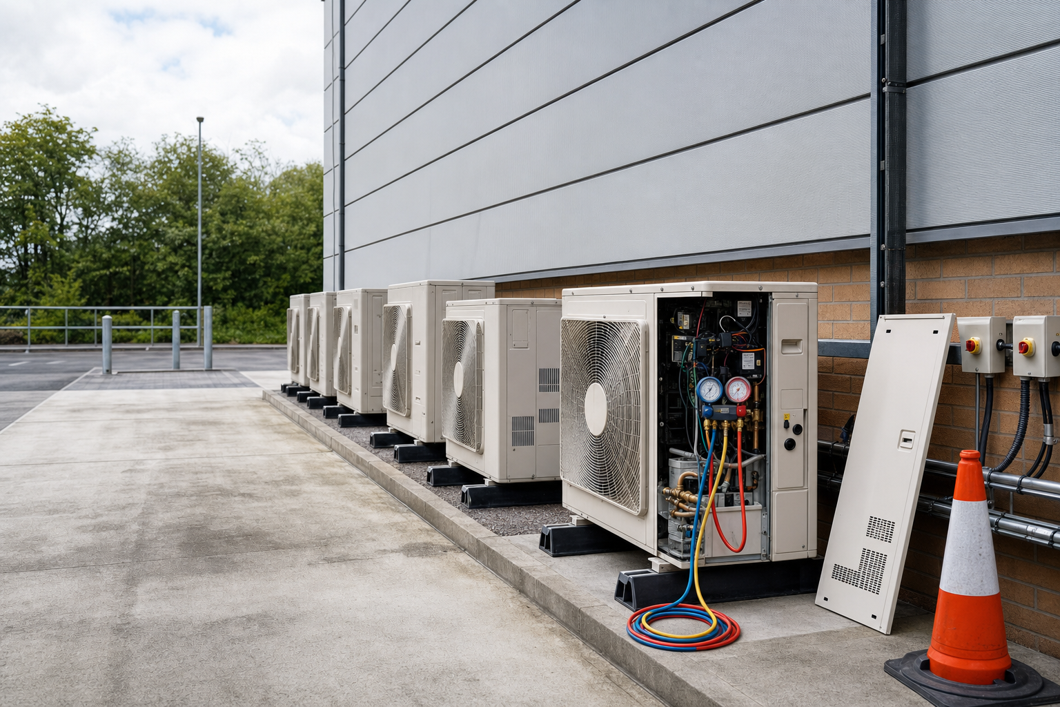 A row of outdoor air conditioning units beside a building, with one unit open for maintenance and a traffic cone nearby.